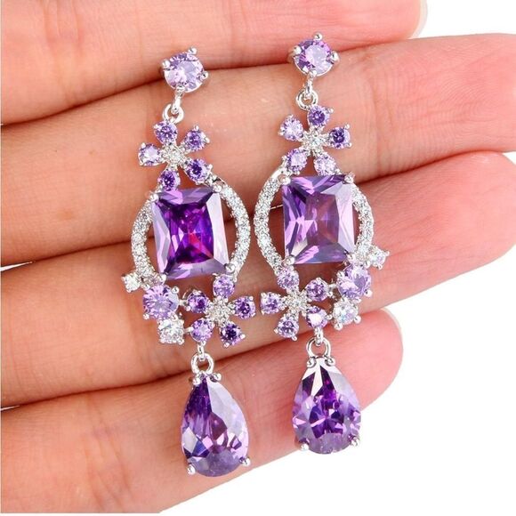 Silver with Purple Amethyst and White Diamond CZ Floral Chandelier Post Earrings - Picture 3 of 6